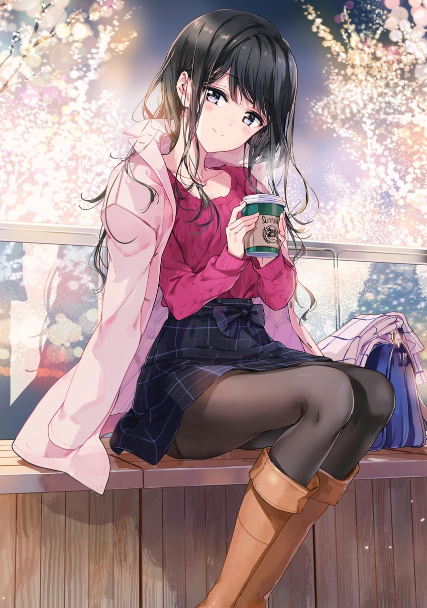 adagaki_aki bag black_hair blush boots coat cup female head_tilt highres holding holding_cup long_hair long_legs looking_at_viewer masamune-kun_no_revenge outdoors pantyhose sitting skirt smile solo sweater tiv