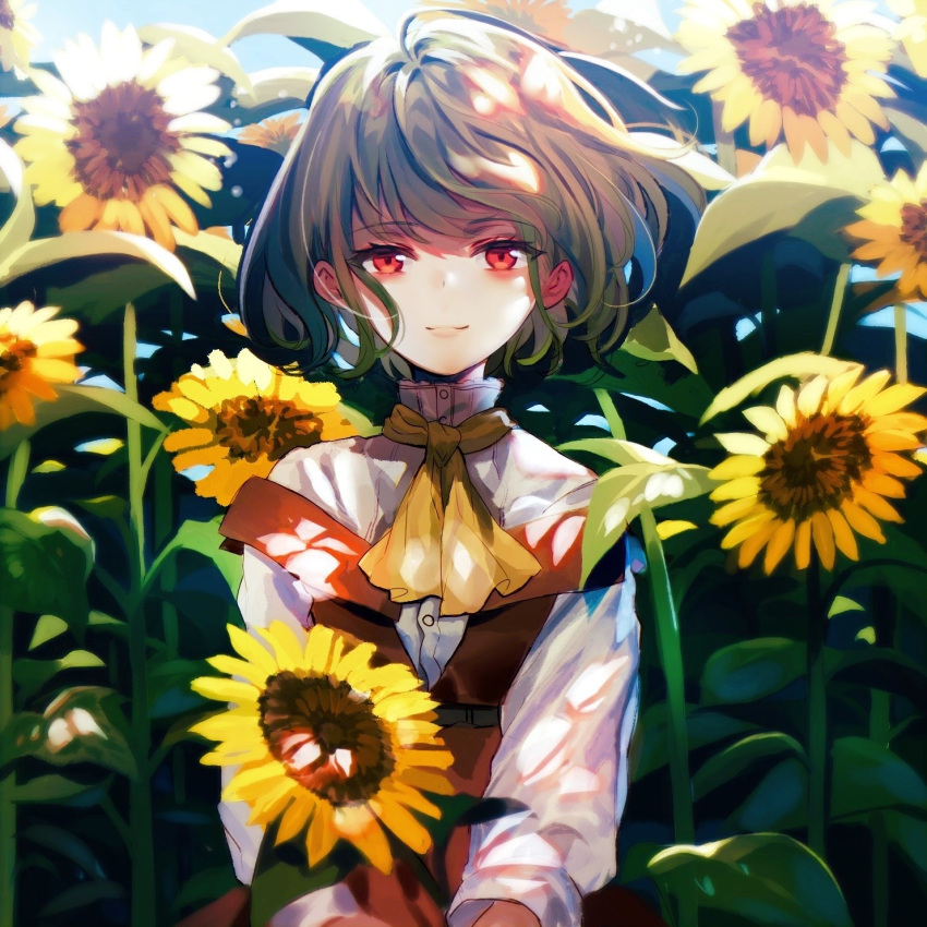 acetylene-lamp adapted_costume ascot backlighting bad_id bad_twitter_id belt blue_sky blurry blurry_background blush brown_belt closed_mouth commentary_request dappled_sunlight day dress female flower garden_of_the_sun green_hair hair_between_eyes highres holding holding_flower kazami_yuuka light_particles light_smile lips long_sleeves looking_at_viewer off-shoulder_dress off_shoulder red_dress red_eyes revision shirt sky solo sunflower sunlight touhou turtleneck wavy_hair white_shirt wind yellow_ascot yellow_flower