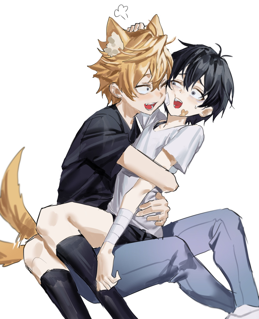 2boys absurdres animal_ear_fluff animal_ears bandage_on_face bandages bandaid bandaid_on_face black_hair blonde_hair blush chamuring cheek_press dog_boy dog_ears dog_tail extra_ears eye_contact grey_eyes hair_between_eyes hand_on_another's_head highres hug jeong_surim korean_commentary lee_hoon looking_at_another male_focus multiple_boys one_eye_closed open_mouth simple_background sitting sitting_on_lap sitting_on_person smile suicide_boy sweatdrop tail tail_wagging white_background yaoi