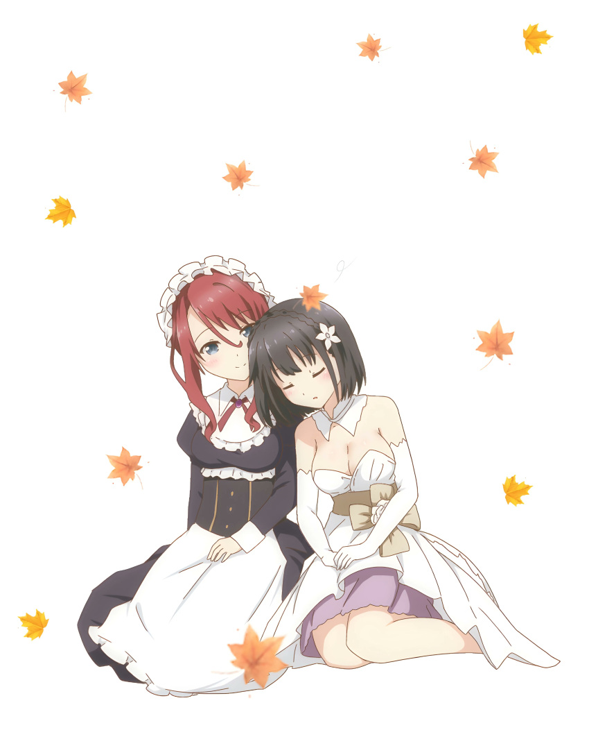 2girls absurdres apron autumn_leaves bare_shoulders black_hair blue_eyes blush breasts brown_hair cleavage closed_eyes commentary_request detached_collar dress elbow_gloves flower gabrieltenma77 gloves hair_flower hair_ornament hands_on_lap head_on_another's_shoulder highres ilia_coral lainie_cyan large_breasts leaf leaf_background long_hair maid maid_apron maid_headdress medium_hair multiple_girls red_hair short_hair sitting smile tensei_oujo_to_tensai_reijou_no_mahou_kakumei white_background white_gloves yuri