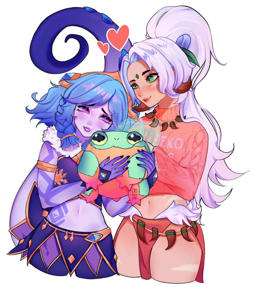 2girls alternate_costume bare_shoulders blue_nails blush braid cropped_legs fur_trim green_eyes heart highres hugging_doll hugging_object league_of_legends long_hair looking_at_another mochi_(mochibunnny) multiple_girls nail_polish navel neeko_(league_of_legends) nidalee pants parted_bangs pink_eyes pink_sweater simple_background smile snow_bunny_nidalee stomach stuffed_animal stuffed_frog stuffed_toy sweater tentacle twin_braids white_background winter_wonder_neeko yuri