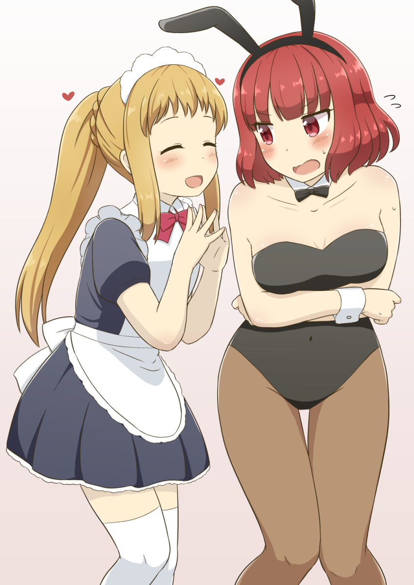 2girls alternate_costume animal_ears apron arms_under_breasts bad_id bad_pixiv_id bare_arms bare_shoulders black_leotard blonde_hair blue_shirt blue_skirt blush bow bowtie breasts brown_legwear closed_eyes collarbone commentary_request covered_navel crossed_arms detached_collar embarrassed enmaided facing_another fake_animal_ears fingernails fingers_together flying_sweatdrops gradient_background heart highres inose_mai karigane_yuuma knees_together_feet_apart koisuru_asteroid leotard long_hair looking_at_another maid maid_apron maid_headdress multiple_girls open_mouth pantyhose playboy_bunny ponytail purple_background rabbit_ears red_bow red_bowtie red_eyes sakurai_mikage shirt short_sleeves skirt standing strapless strapless_leotard thighhighs very_long_hair white_legwear wrist_cuffs