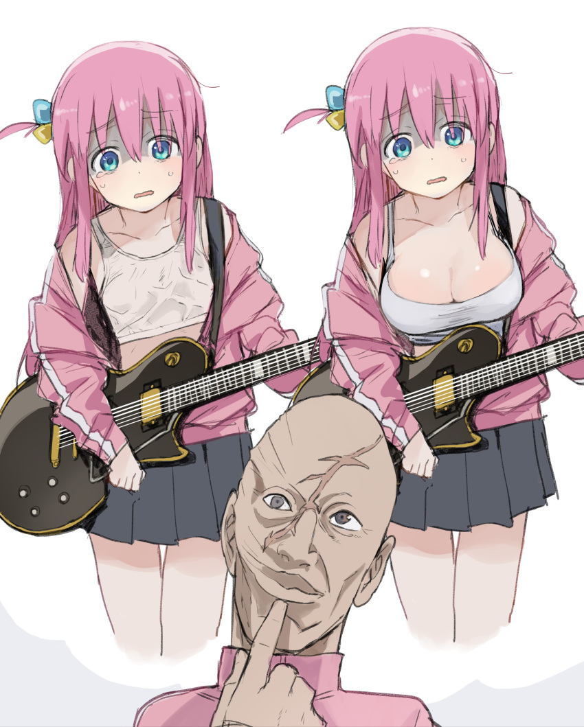 1boy absurdres alternate_breast_size black_skirt blue_eyes bocchi_the_rock! breasts camisole commentary_request crying cube_hair_ornament electric_guitar female flat_chest ghost_in_the_shell ghost_in_the_shell_stand_alone_complex gibson_les_paul gotoh_hitori gouda_kazundo guitar hair_ornament highres instrument jacket large_breasts name_connection pink_hair pink_jacket sadamatsu_ryuuichi shaded_face skirt