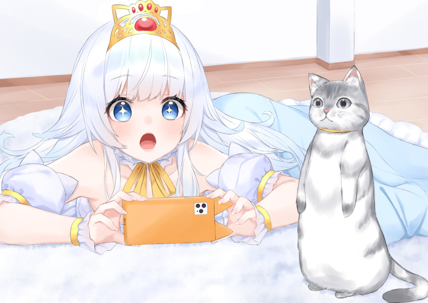 +_+ :o absurdres animal armpits bare_shoulders blue_dress blue_eyes cellphone commentary_request detached_sleeves dress feline female hashiko_nowoto highres holding holding_phone iphone_11_pro long_hair on_floor open_mouth original phone phone_with_ears smartphone solo sparkling_eyes taking_picture tiara white_hair