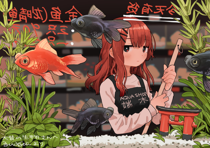 apron black_apron black_eyes blurry blurry_background blush female fish fish_tank goldfish hair_ornament hairclip highres holding leaf long_hair long_sleeves original plant red_hair shadow shirt solo torii white_shirt zinbei