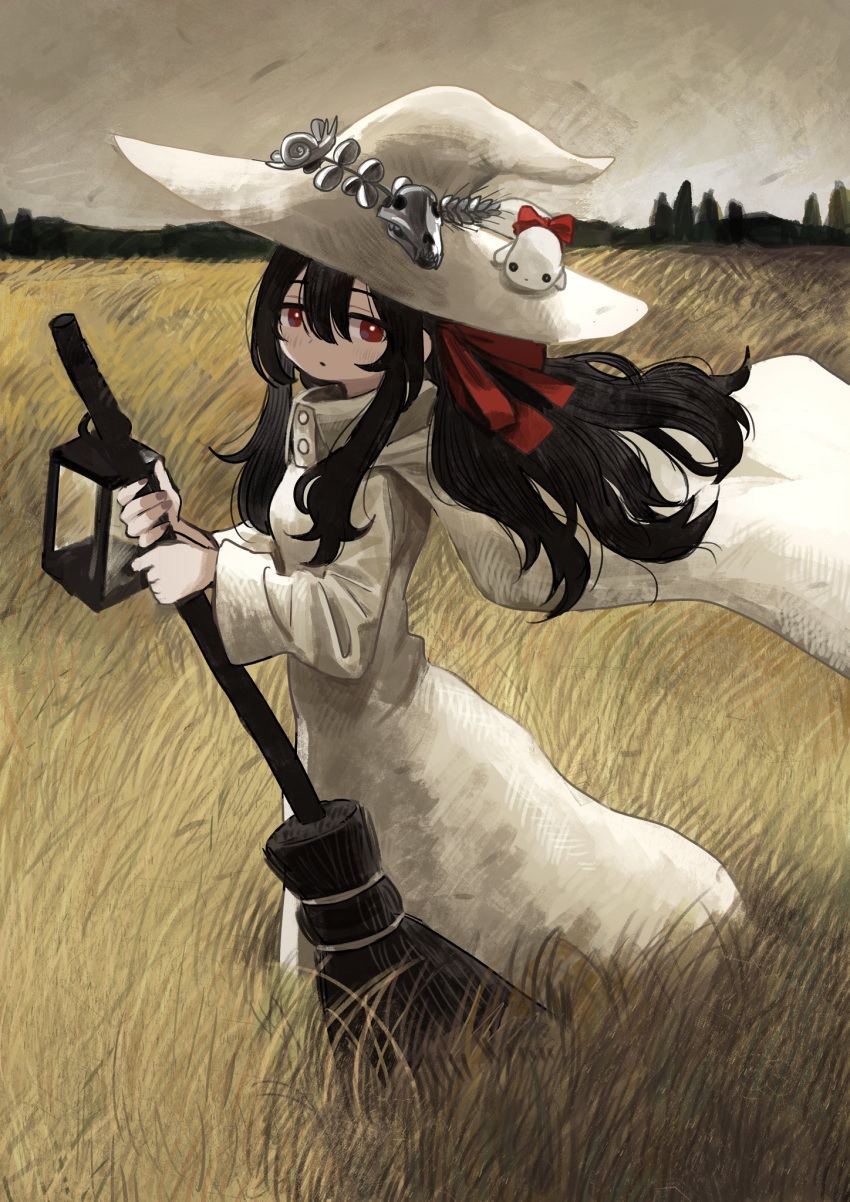 black_hair borrowed_character bright_pupils broom cape creature creature_on_head dress female full_body grass gregor_(tsurunoka) hair_between_eyes hair_ribbon hands_up hat highres holding holding_broom horizon lantern lead_white_(tsurunoka) light_blush long_hair long_sleeves looking_at_viewer original outdoors parted_lips red_eyes ribbon shadow sidelocks solo standing wheat_field white_cape white_dress white_hat white_pupils wind witch witch_hat zinbei