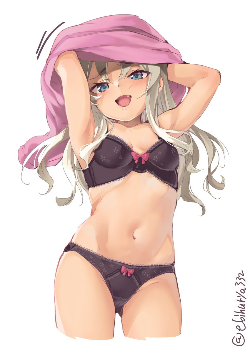 absurdres arms_up ass_visible_through_thighs black_bra black_panties blonde_hair blue_eyes blush bow bow_bra bow_panties bra breasts collarbone cropped_legs ebifurya enty_reward female grecale_(kancolle) groin highres kantai_collection long_hair looking_at_viewer motion_lines navel oerba_yun_fang open_mouth paid_reward panties pink_shirt shirt simple_background small_breasts smile solo stomach twitter_username underwear underwear_only undressing white_background