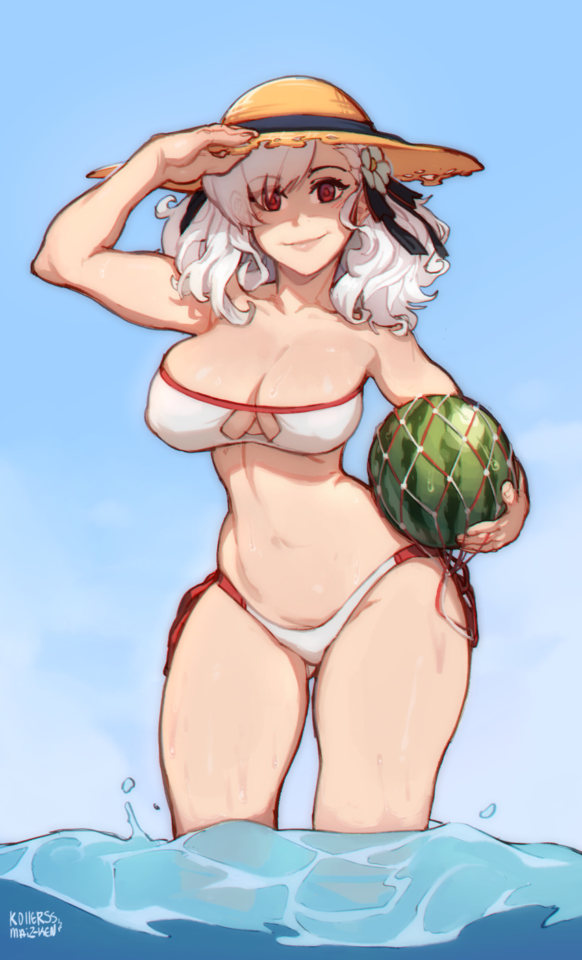 absurdres bare_shoulders bikini breasts cleavage collaboration collarbone contrapposto covered_nipples day female food fruit girls'_frontline hat highres kollerss large_breasts maizken medium_hair ocean official_alternate_costume outdoors paid_reward patreon_reward red_eyes side-tie_bikini_bottom signature smile solo source_request spas-12_(girls'_frontline) spas-12_(midsummer_fruit)_(girls'_frontline) strapless strapless_bikini summer sun_hat swimsuit wading water watermelon wet white_bikini white_hair