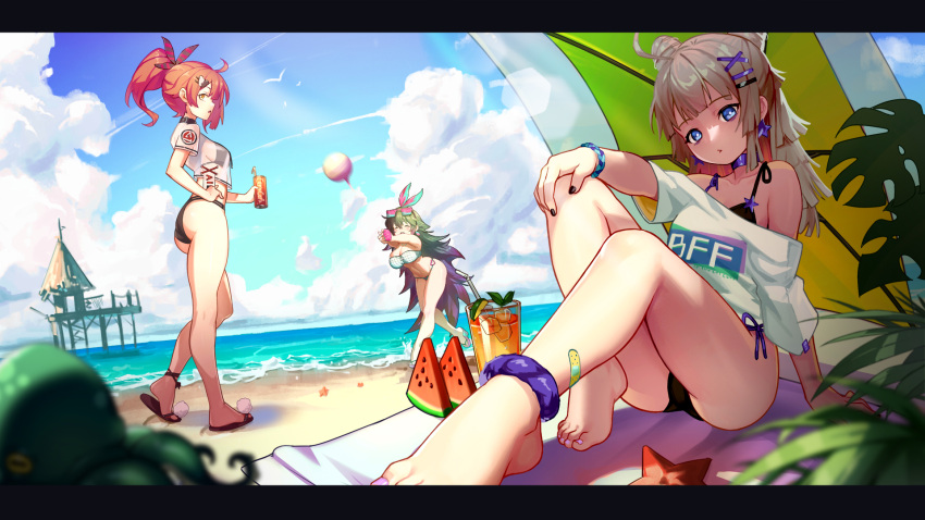 3girls aa-12_(girls'_frontline) aa-12_(smokeless_lollipop)_(girls'_frontline) ahoge ameli_(ameli's_receive)_(girls'_frontline) ameli_(girls'_frontline) ankle_scrunchie arm_support ball bandeau bare_legs barefoot beach beach_mat beachball bikini bikini_under_clothes black_choker black_nails blue_eyes blue_sky blurry blurry_foreground breasts brown_footwear brown_hair can choker cloud commentary_request crop_top day double_bun drinking_straw earrings eyewear_on_head fingerless_gloves girls'_frontline gloves gradient_hair green_bikini green_hair hair_bun hair_ornament hair_ribbon hairclip hand_on_own_hip hand_on_own_knee hands_up highres holding holding_can jewelry large_breasts leaf long_hair looking_at_viewer lushiying medium_breasts motion_blur mp7_(girls'_frontline) mp7_(lollipop_ammo)_(girls'_frontline) multicolored_hair multiple_girls nail_polish ocean octopus off_shoulder official_alternate_costume outdoors outstretched_arms parted_lips pink_footwear pink_gloves pink_nails pom_pom_(clothes) ponytail purple_choker purple_hair red_eyes ribbon sandals scrunchie see-through shirt short_sleeves side-tie_bikini_bottom single_fingerless_glove sitting sky standing standing_on_one_leg star_(symbol) star_earrings starfish strapless sunglasses swimsuit toenail_polish toenails very_long_hair white_shirt wrist_scrunchie x_hair_ornament yellow_eyes