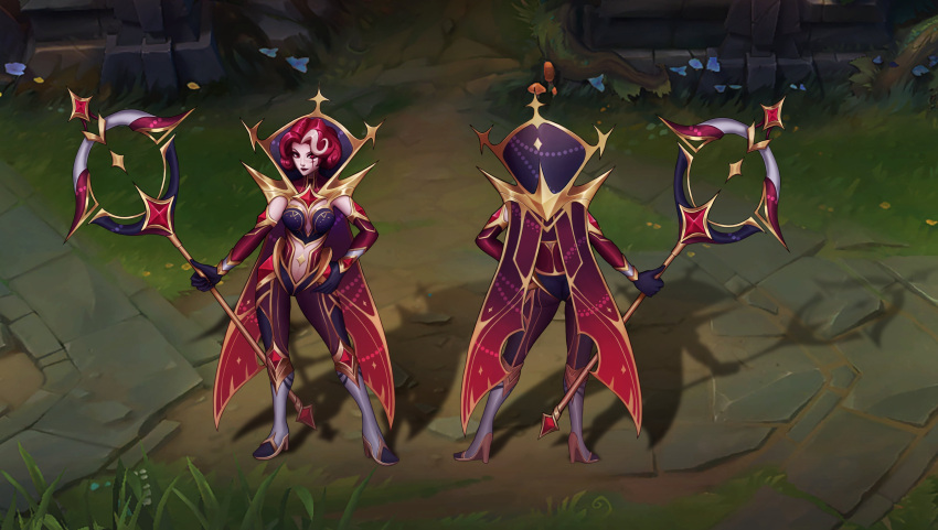 absurdres alternate_costume black_gloves boots breasts clothing_request female from_behind full_body gloves hand_on_own_hip harimi_(harimizz) high_heel_boots high_heels highres holding holding_staff knee_boots league_of_legends leblanc_(league_of_legends) long_sleeves medium_breasts multicolored_hair multiple_views outdoors pale_skin red_eyes red_hair scar scar_across_eye short_hair smile staff standing star_(symbol) two-tone_hair