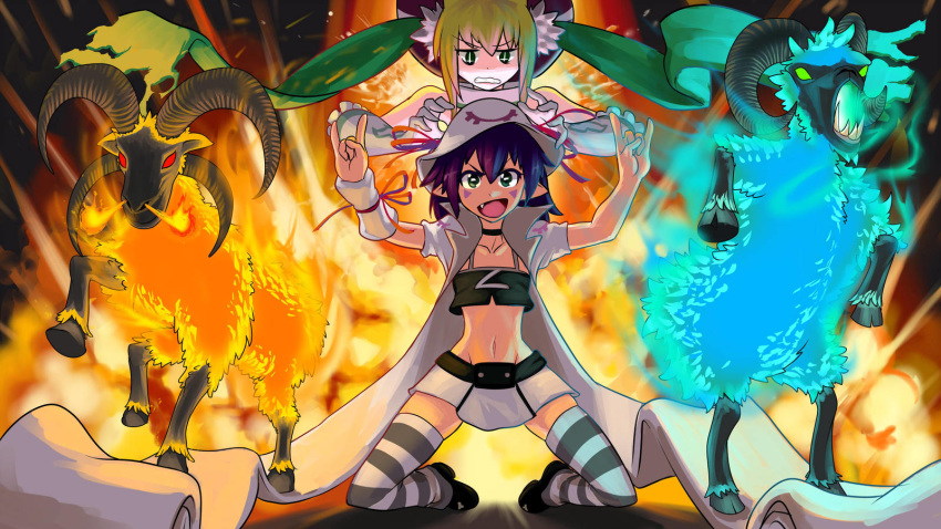 :d \n/ black_footwear black_tank_top blonde_hair clione commentary double_\n/ explosion fire green_eyes hat highres horizontal_pupils kneeling long_coat looking_at_viewer merry_nightmare midriff miniskirt multiple_girls navel oerba_yun_fang open_mouth purple_hair sheep skirt smile striped striped_legwear thighhighs triple-q v-shaped_eyebrows white_skirt yumekui_merry zettai_ryouiki