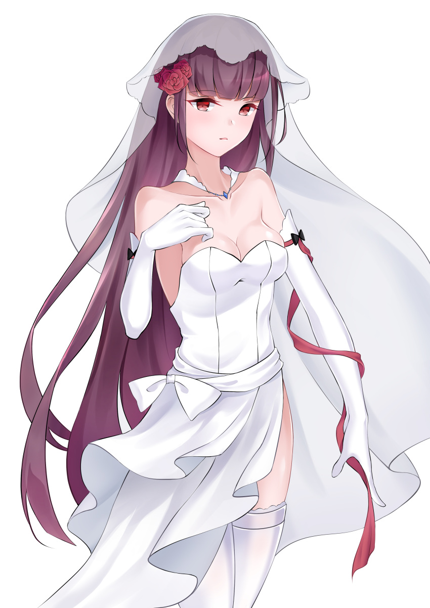 absurdres alternate_costume alternate_hairstyle arm_at_side arm_ribbon blush breasts bridal_veil chinese_commentary clark_(159123) cleavage collarbone commentary dress elbow_gloves female flower girls'_frontline gloves hair_flower hair_ornament hand_on_own_chest highres jewelry large_breasts long_hair looking_at_viewer open_mouth pendant photoshop_(medium) purple_hair red_eyes ribbon sidelocks simple_background solo strapless strapless_dress thighhighs thighs veil very_long_hair wa2000_(girls'_frontline) wedding_dress white_background white_gloves white_thighhighs