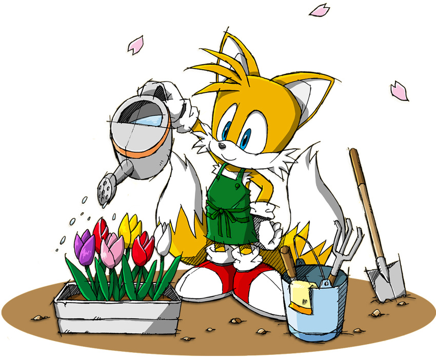 apron blue_eyes bucket flower miles_tails_prower official_art sega shovel sonic_the_hedgehog tails watering_can worktool