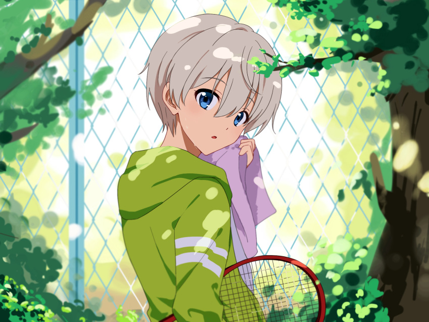 all_male blue_eyes gray_hair hoodie male oriki_tomoko shade short_hair sport tennis totsuka_saika towel trap tree yahari_ore_no_seishun_love_come_wa_machigatteiru.