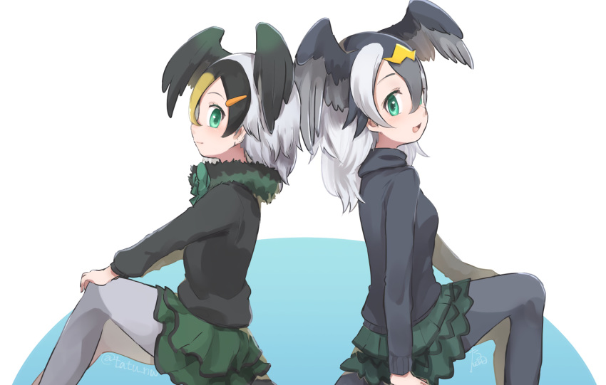 2girls anthro great_cormorant_(kemono_friends) green_eyes japanese_cormorant_(kemono_friends) kemono_friends long_hair pantyhose short_hair signed skirt tatsuno_newo wings