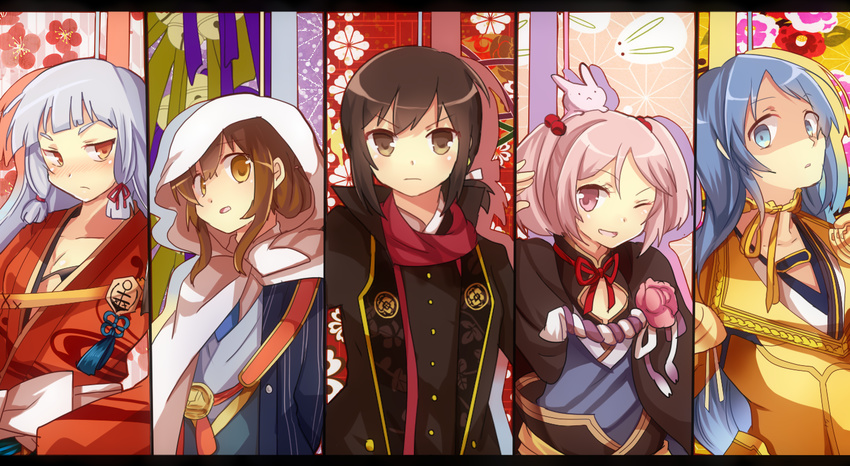 5girls aqua_hair bad_id bad_pixiv_id black_hair blue_hair blunt_bangs brown_eyes brown_hair cloak column_lineup cosplay fubuki_(kancolle) hachisuka_kotetsu hachisuka_kotetsu_(cosplay) hair_bobbles hair_ornament hair_ribbon inazuma_(kancolle) japanese_clothes kantai_collection kasen_kanesada kasen_kanesada_(cosplay) kashuu_kiyomitsu kashuu_kiyomitsu_(cosplay) kimono long_hair looking_at_viewer matryoshka_(borscht) military military_uniform multiple_girls murakumo_(kancolle) mutsu-no-kami_yoshiyuki mutsu-no-kami_yoshiyuki_(cosplay) one_eye_closed pink_eyes pink_hair rabbit red_eyes ribbon samidare_(kancolle) sazanami_(kancolle) scarf shaded_face short_hair sidelocks touken_ranbu twintails uniform yamanbagiri_kunihiro yamanbagiri_kunihiro_(cosplay) yukata