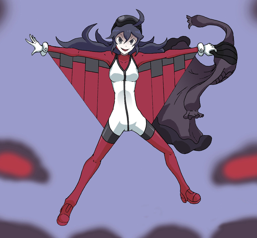 ahoge bakanichi bodysuit commentary_request dress female gloves goggles goggles_on_head hex_maniac_(pokemon) highres legs_apart long_hair photoshop_(medium) pokemon pokemon_xy purple_eyes purple_hair sky_trainer_(pokemon) unworn_dress white_gloves