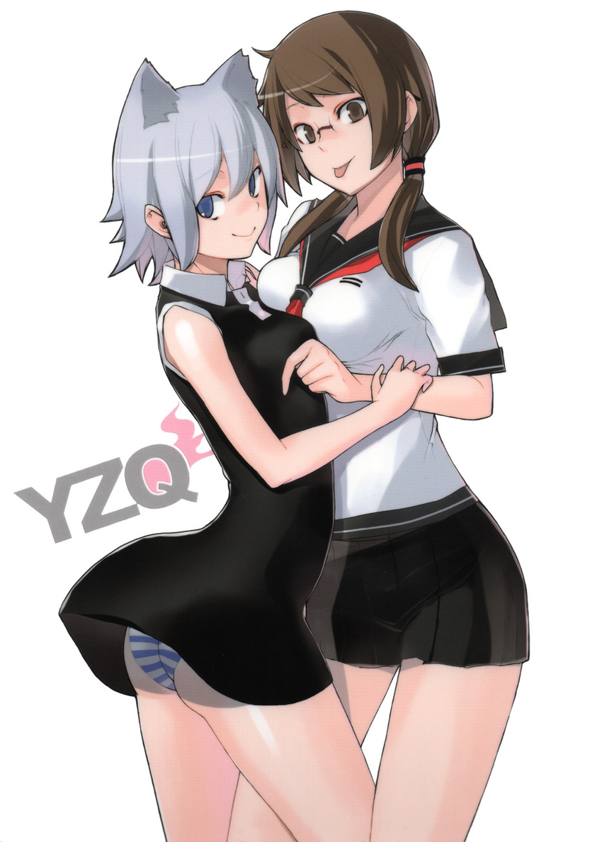 2girls :> :p animal_ears asymmetrical_docking black_dress blue_eyes blue_striped_panties breast_press brown_eyes brown_hair cat_ears couple dress dress_lift glasses isone_kotoha low_twintails multiple_girls nanami_ao official_art panties pantyshot rimless_glasses school_uniform serafuku silver_hair skirt smile striped striped_panties tongue tongue_out twintails underwear yasuda_suzuhito yozakura_quartet yuri