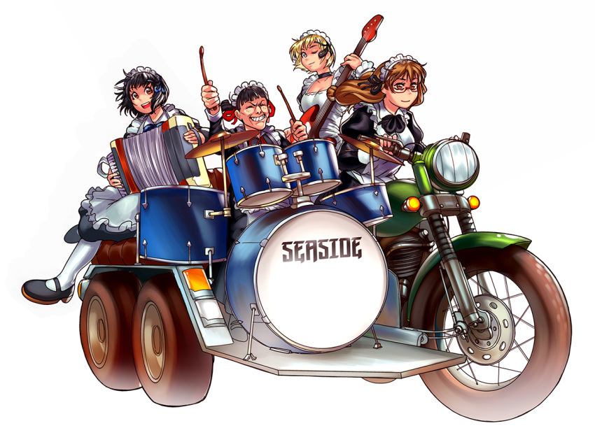 4girls accordion apron arashiyama_hotori band bass_guitar black_choker black_hair blonde_hair brown_eyes brown_hair choker closed_eyes drum drumsticks electric_guitar freckles glasses grin guitar haribara_harue instrument kon_futaba long_hair maid maid_apron maid_headdress mary_janes motor_vehicle motorcycle multiple_girls one_eye_closed red-framed_eyewear riding semi-rimless_eyewear shoes short_hair sidecar smile soredemo_machi_wa_mawatteiru tatsuno_toshiko under-rim_eyewear voodoothur white_legwear