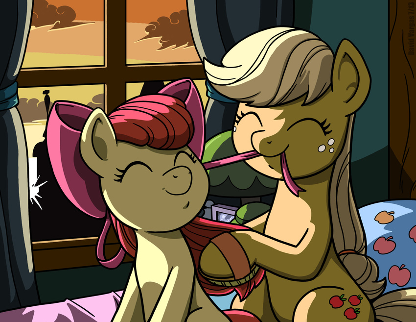 apple_bloom_(mlp) applejack_(mlp) blonde_hair closed_eyes cutie_mark duo earth_pony equid equine female feral freckles friendship_is_magic hair hasbro hi_res horse latecustomer long_hair mammal my_little_pony pony red_hair sibling_(lore) sister_(lore) sisters_(lore) smile young young_feral