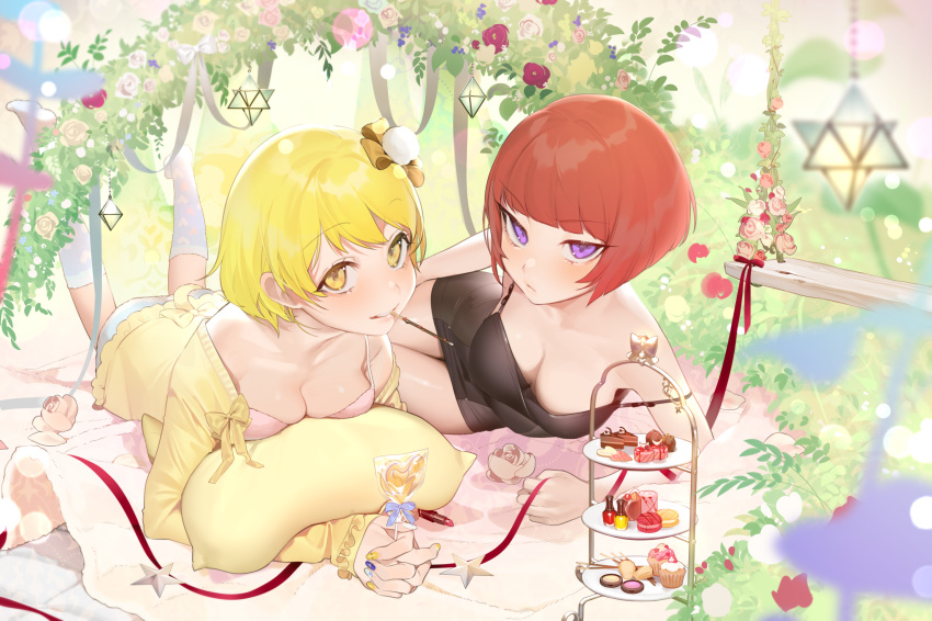 2girls bad_id bad_pixiv_id black_dress blonde_hair blunt_bangs blurry blush breasts cake candy cleavage cup depth_of_field downblouse dress flower food grass grin heart heart_print highres jitome kneehighs kyuri_(shining_star) lollipop looking_at_viewer lying macaron miniskirt multiple_girls nail_polish off_shoulder ohisashiburi on_stomach pencil_dress pocky purple_eyes purple_nails red_hair shining_star short_dress short_hair skirt sleeveless sleeveless_dress smile socks spaghetti_strap tareme thighs tiered_tray tight_clothes tight_dress tsurime yang_song-yi yellow_eyes yellow_nails