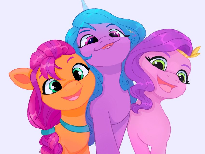 blue_hair braided_hair earth_pony equid equine eyelashes female feral green_eyes group hair hasbro hi_res horn horse izzy_moonbow_(mlp) mammal mlp_g5 my_little_pony mythological_creature mythological_equine mythology open_mouth open_smile orange_body pegasus pink_body pink_hair pipp_petals_(mlp) pony purple_body purple_hair saphypone smile sunny_starscout_(mlp) tongue trio unicorn wavy_hair wings