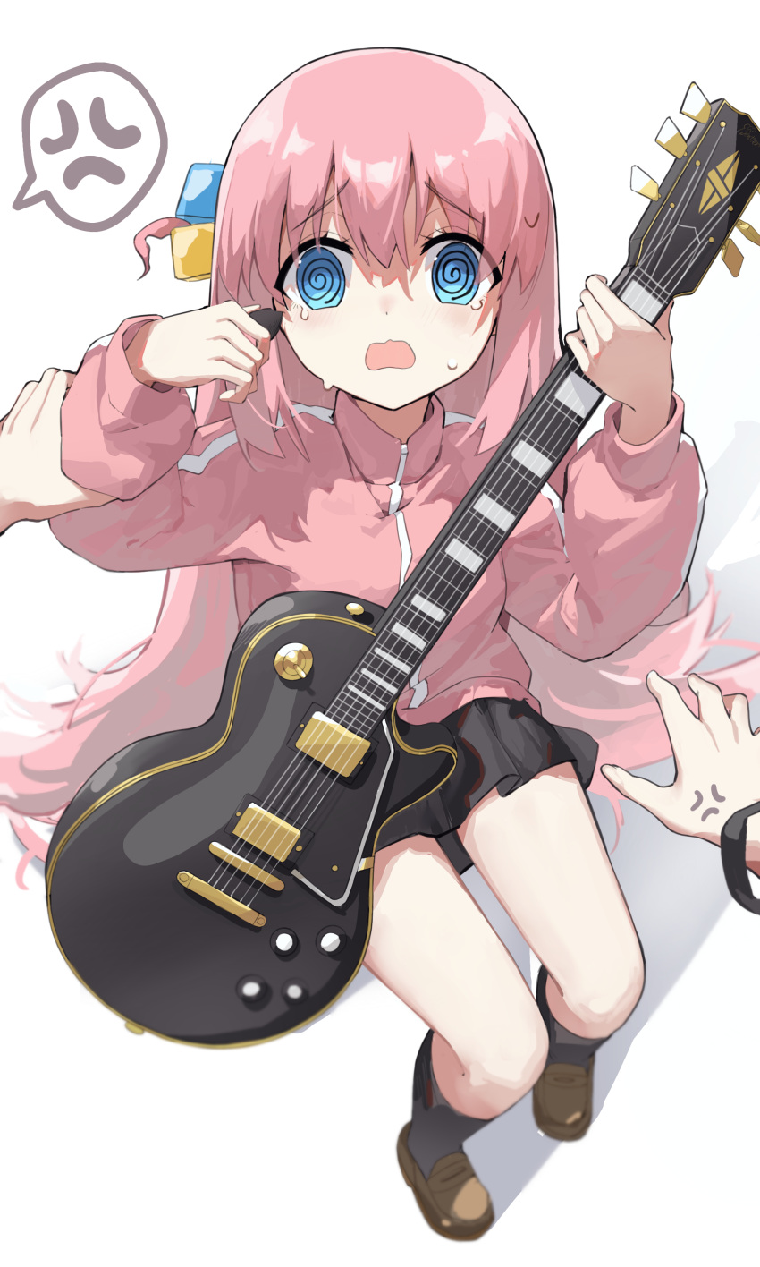 @_@ absurdres black_socks blue_eyes bocchi_the_rock! brown_footwear cube_hair_ornament electric_guitar female gibson_les_paul gotoh_hitori grey_skirt guitar hair_between_eyes hair_ornament highres holding holding_instrument holding_plectrum instrument jacket kneehighs loafers long_hair one_side_up open_mouth pink_hair pink_jacket pleated_skirt plectrum sentter shoes simple_background skirt socks sweat track_jacket white_background