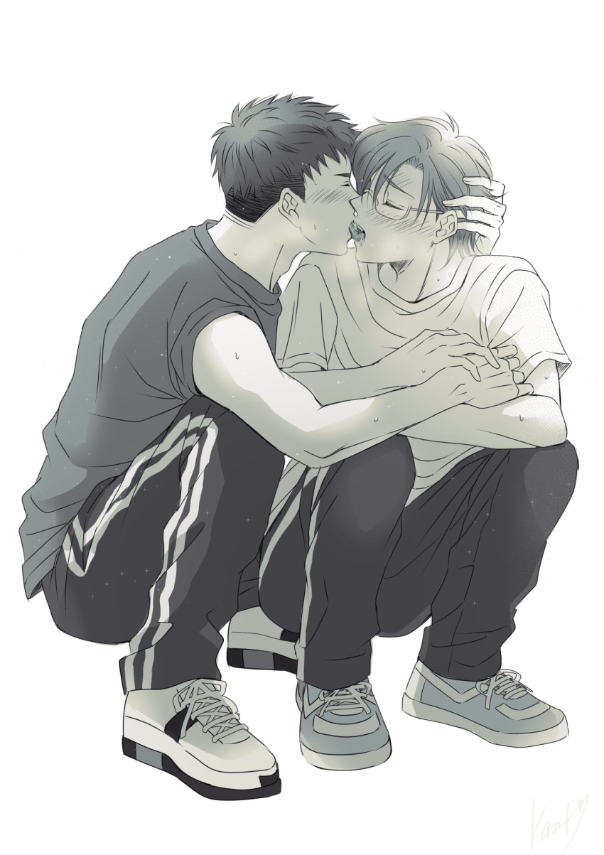 2boys bad_id bad_pixiv_id bakuten!! black_pants blush french_kiss full_body glasses greyscale hand_on_another's_arm highres hug kazuki_sara kissing male_focus monochrome multiple_boys pants saliva shichigahama_masamune shirt shoes simple_background sneakers squatting t-shirt tongue tsukidate_keisuke white_background yaoi