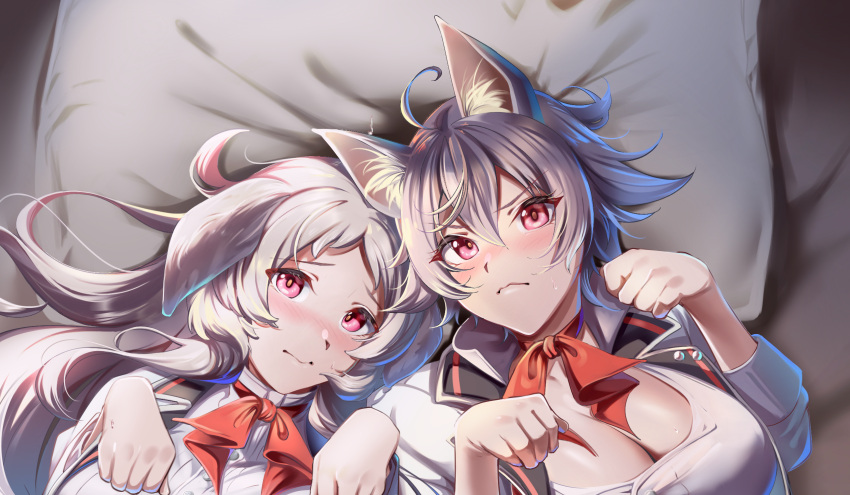 2girls ahoge animal_ears bad_id bad_pixiv_id bed_sheet blush breasts cleavage closed_mouth dog_ears highres large_breasts long_hair looking_at_viewer lying medium_hair multiple_girls mushoku_tensei neck_ribbon on_back paid_reward_available paw_pose pillow pursena_adoldia ranoa_magic_academy_school_uniform red_eyes red_ribbon ribbon rinia_dedoldia school_uniform shirt upper_body white_hair white_shirt yujin_(kanouyuuto-0423)