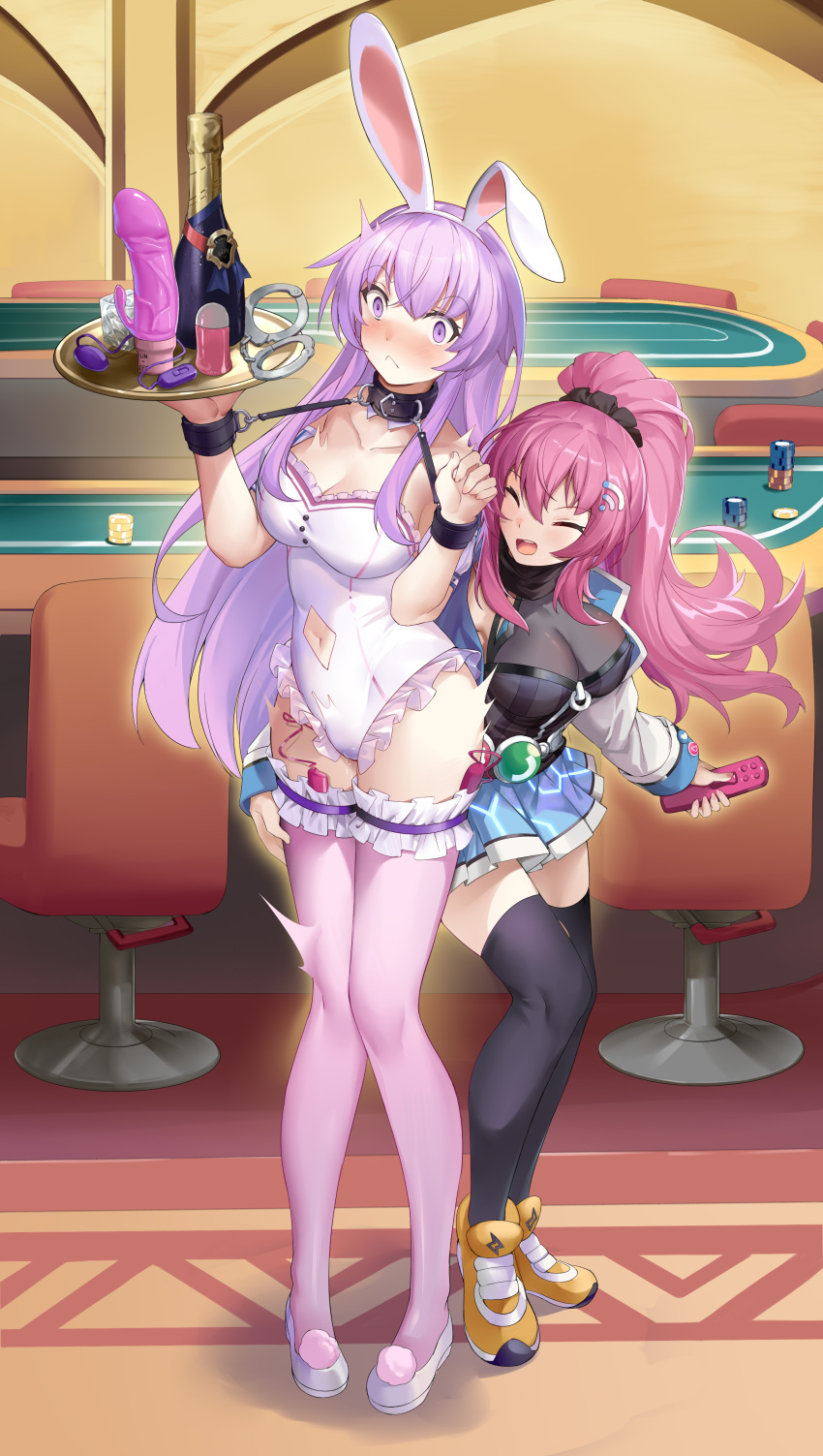 2girls 463_jun absurdres alcohol animal_ears bare_shoulders black_thighhighs blush bottle breasts champagne choujigen_game_neptune_sisters_vs_sisters cleavage closed_eyes closed_mouth clothing_cutout collar commission controller cuffs cuffs-to-collar dildo egg_vibrator empty_eyes fake_animal_ears femdom frown full_body hair_ornament handcuffs highres holding holding_plate large_breasts leotard long_hair looking_at_viewer lop_rabbit_ears maho_(neptunia) multiple_girls navel navel_cutout nepgear neptune_(series) nose_blush open_mouth pink_hair pink_thighhighs plate playboy_bunny poker_chip purple_eyes purple_hair pussy_juice rabbit_ears remote_control remote_control_vibrator restrained second-party_source sex_toy shoes smile standing surprised thighhighs very_long_hair vibrator vibrator_in_thighhighs wine_bottle wireless_sex_toy_controller wrist_cuffs yuri