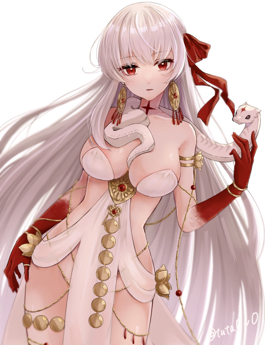 bracelet breasts durga_(fate) earrings fate/grand_order fate_(series) female highres jewelry large_breasts long_hair pelvic_curtain red_eyes snake thumb_ring tuta0w0 twitter_username very_long_hair white_background white_hair