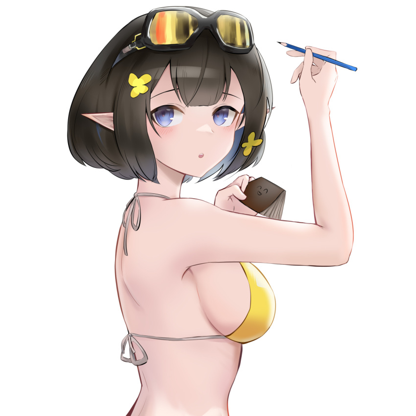 arknights bare_arms bare_shoulders bikini black_hair blue_eyes bob_cut breasts chinese_commentary commentary_request eunectes_(arknights) female from_side goggles goggles_on_head hands_up highres holding holding_pencil looking_at_viewer medium_breasts obniermarbiss parted_lips pencil pointy_ears short_hair simple_background solo string_bikini swimsuit upper_body white_background yellow_bikini