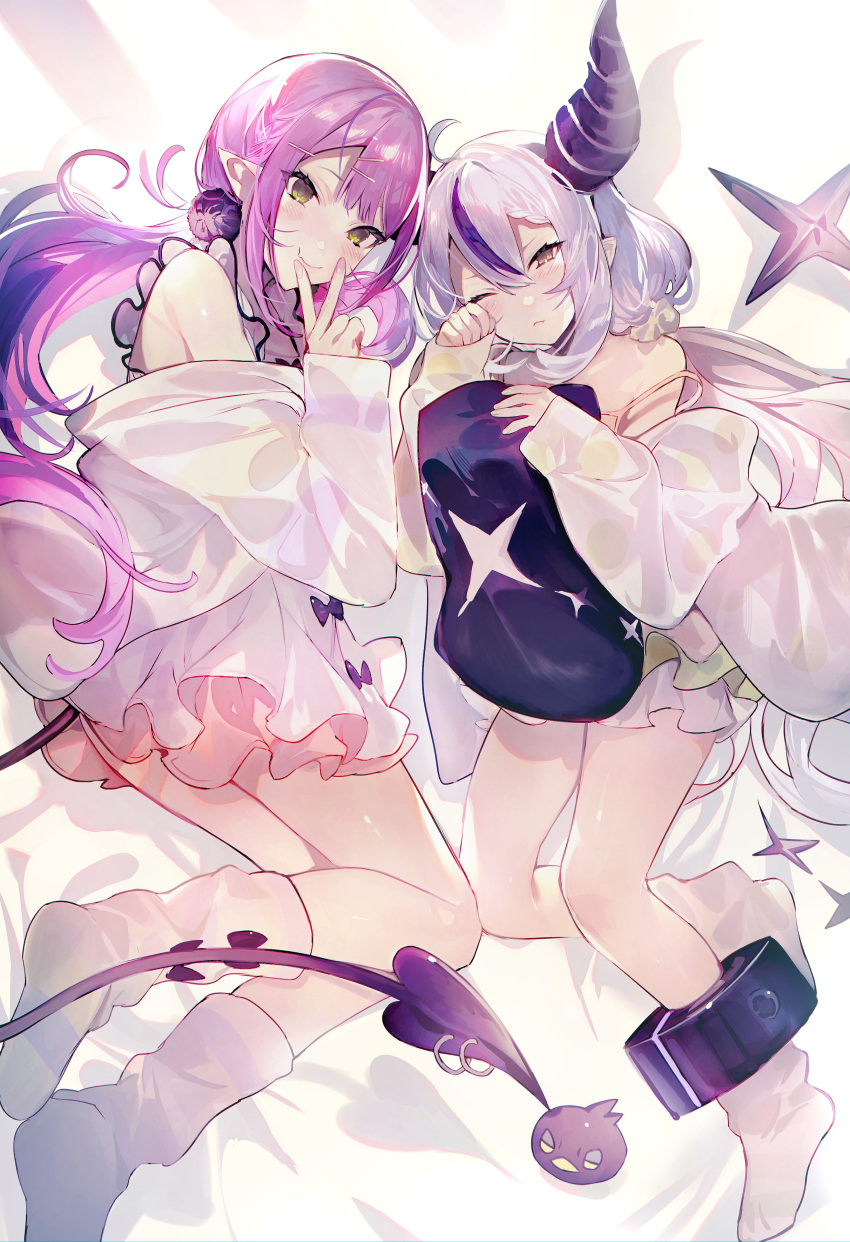 2girls absurdres ahoge ankle_cuffs bare_shoulders bed_sheet camisole closed_mouth crow_(la+_darknesss) green_eyes grey_hair hair_ornament hairclip highres hololive horns hugging_object jacket la+_darknesss legs long_hair long_sleeves looking_at_viewer loose_socks low_twintails lying mayutsuba_mono miniskirt multicolored_hair multiple_girls no_shoes oerba_yun_fang off_shoulder on_side one_eye_closed piercing pillow pillow_hug pointy_ears purple_hair rubbing_eyes shadow sidelocks skin_fang skirt smile socks strap_slip streaked_hair tail tail_ornament tail_piercing tokoyami_towa twintails v_over_mouth very_long_hair virtual_youtuber white_jacket white_skirt white_socks