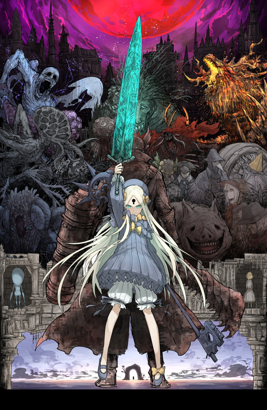 abigail_williams_(fate) absurdres amygdala_(bloodborne) arm_up back-to-back blood-starved_beast bloodborne bow cannon city crossover ebrietas_daughter_of_the_cosmos eileen_the_crow eldritch_abomination fate/grand_order fate_(series) gehrman_the_first_hunter glowing glowing_weapon greatsword hairbow hat highres holding holding_weapon hunter_(bloodborne) kankan33333 key laurence_the_first_vicar looking_at_viewer ludwig_the_accursed moon moonlight_greatsword night night_sky orphan_of_kos pig plain_doll red_moon saw saw_cleaver sky small_celestial_emissary smile sword tricorne weapon yurie_the_last_scholar