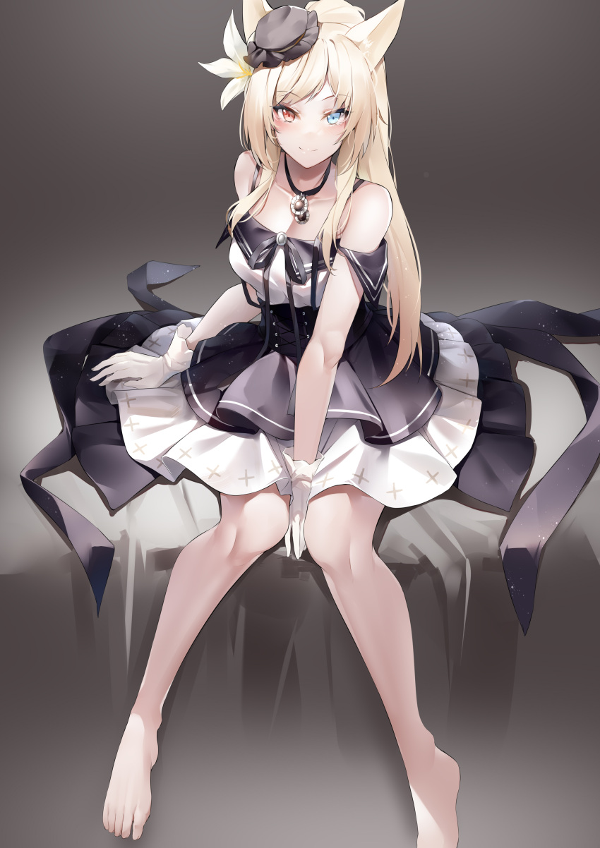 absurdres animal_ears arknights bare_legs bare_shoulders barefoot black_dress black_hat blonde_hair blue_eyes blush breasts cat_ears cleavage closed_mouth collarbone dress feet female flower gloves grey_background hair_flower hair_ornament hat heterochromia highres jewelry layered_dress legs lily_(flower) long_hair looking_at_viewer lubikaya medium_breasts necklace nightmare_(arknights) nightmare_(light_and_shadow)_(arknights) official_alternate_costume red_eyes simple_background sitting smile solo toenails toes two-tone_dress very_long_hair white_dress white_flower white_gloves