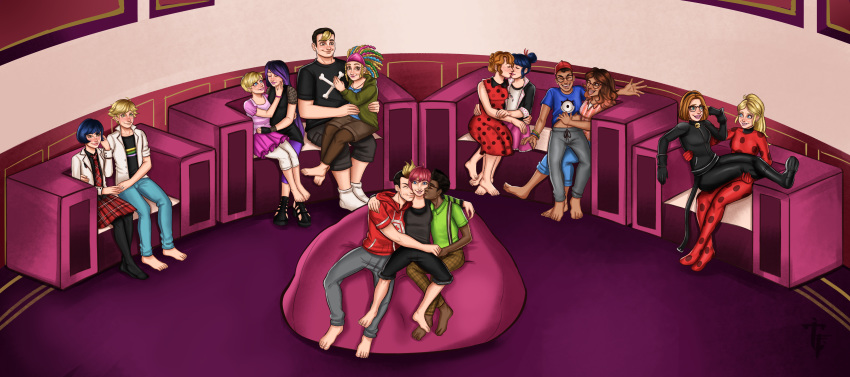 6+boys 6+girls absurdres adrien_agreste aerodynamict alix_kubdel alya_cesaire armchair bean_bag_chair chair chat_noir chat_noir_(cosplay) chloe_bourgeois commentary commission commissioner_upload cosplay couch couple english_commentary highres ivan_bruel juleka_couffaine kagami_tsurugi ladybug_(character) ladybug_(character)_(cosplay) le_chien_kim marinette_dupain-cheng max_kante miraculous_ladybug multiple_boys multiple_girls mylene_haprele nino_lahiffe personification polygamy rose_lavillant sabrina_raincomprix straight tikki_(miraculous_ladybug) yaoi yuri