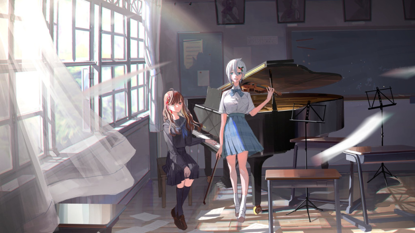 2girls aogami_high_school_uniform black_footwear black_serafuku black_skirt blue_bow blue_bowtie blue_skirt bow bowtie breasts brown_hair chalkboard classroom collared_shirt grand_piano green_eyes hair_between_eyes highres hiiragi_emuri hololive hololive_error indoors instrument large_breasts long_hair miori_celesta multiple_girls mythic_live piano school_uniform serafuku shirt shirt_tucked_in short_hair skirt smile treble_clef tsunderia ubwmitekure virtual_youtuber white_hair window