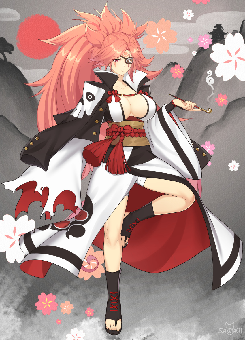 absurdres amputee baiken bandages bare_legs big_hair black_jacket black_kimono breasts cherry_blossoms cleavage eyepatch facial_mark female flower full_body guilty_gear guilty_gear_strive highres hill holding holding_smoking_pipe huge_breasts jacket jacket_on_shoulders japanese_clothes kimono looking_at_viewer multicolored_clothes multicolored_kimono one-eyed open_clothes open_kimono petals pink_hair ponytail red_eyes sakotach samurai sandals sash scar scar_across_eye scar_on_face simple_background skull_print sky smoke smoking_pipe standing standing_on_one_leg sun tied_hair weapon white_background white_kimono