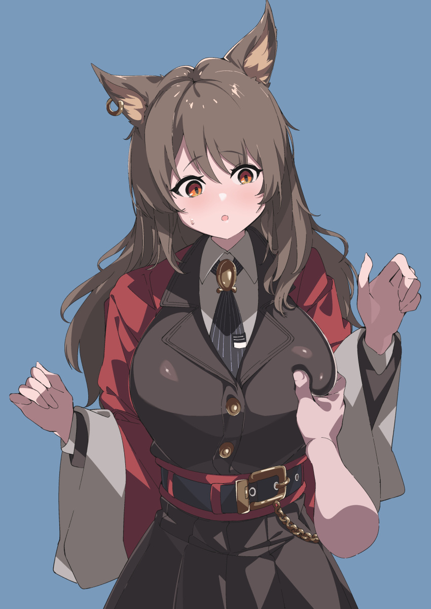 1other :o absurdres animal_ear_fluff animal_ears arknights belt belt_buckle black_jacket black_necktie black_skirt blue_background blush breasts brown_hair buckle cat_ears collared_shirt commentary cowboy_shot female grabbing grabbing_another's_breast highres jacket long_hair long_sleeves necktie open_clothes open_jacket open_mouth orange_eyes red_jacket sajimaririri shirt simple_background skirt skyfire_(arknights) solo_focus straight striped_clothes vertical-striped_clothes vertical-striped_necktie w_arms white_shirt wide_sleeves