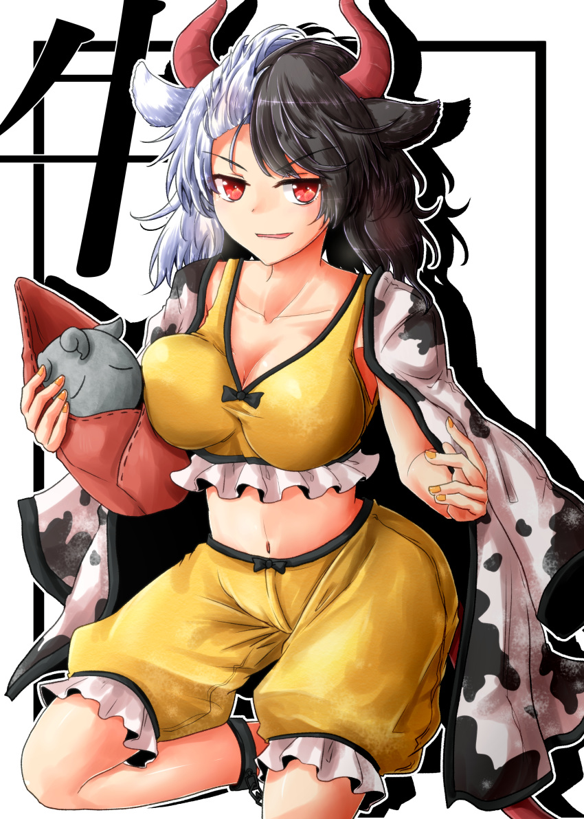 :d absurdres animal_ears animal_print black_hair breasts cleavage collarbone commentary cow_ears cow_horns cow_print cow_tail crop_top female haori highres holding horns japanese_clothes large_breasts looking_at_viewer midriff multicolored_hair nail_polish navel open_mouth oshiaki outline red_eyes red_horns red_tail short_hair shorts silhouette smile solo split-color_hair sports_bra stomach tail touhou two-tone_hair ushizaki_urumi white_background white_hair white_outline yellow_nails yellow_shorts yellow_sports_bra