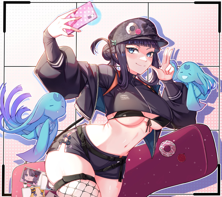 absurdres badge baseball_cap bikini bikini_under_clothes black_bikini black_jacket black_shirt blue_eyes blush breasts button_badge camouflage camouflage_headwear cellphone cleavage cropped_shirt fate/grand_order fate_(series) female fishnet_thighhighs fishnets guitar_case hair_ornament hat highres instrument_case jacket large_breasts leaf_hair_ornament long_hair long_sleeves mentaikopan open_clothes open_jacket phone purple_hair selfie shirt sidelocks smile swimsuit thighhighs thighs yang_guifei_(event_portrait)_(fate) yang_guifei_(fate)