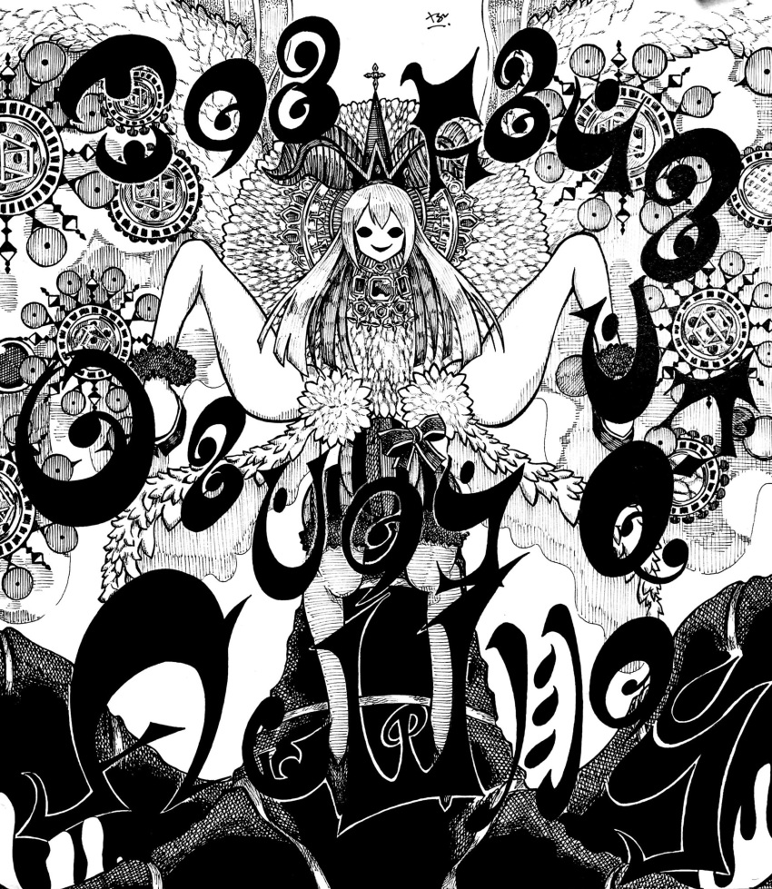 alina_gray antennae crown cube empty_eyes extra_legs female fur-trimmed_shorts fur_trim gem goat_legs greyscale harumayago hatching_(texture) highres long_hair madoka_runes magia_record:_mahou_shoujo_madoka_magica_gaiden mahou_shoujo_madoka_magica monochrome neo_dorothy_motherfucker no_nose old_dorothy shitori_egumo_(madoka_magica) shorts smile solo striped_clothes striped_shorts vertical-striped_clothes vertical-striped_shorts virus witch_(madoka_magica)