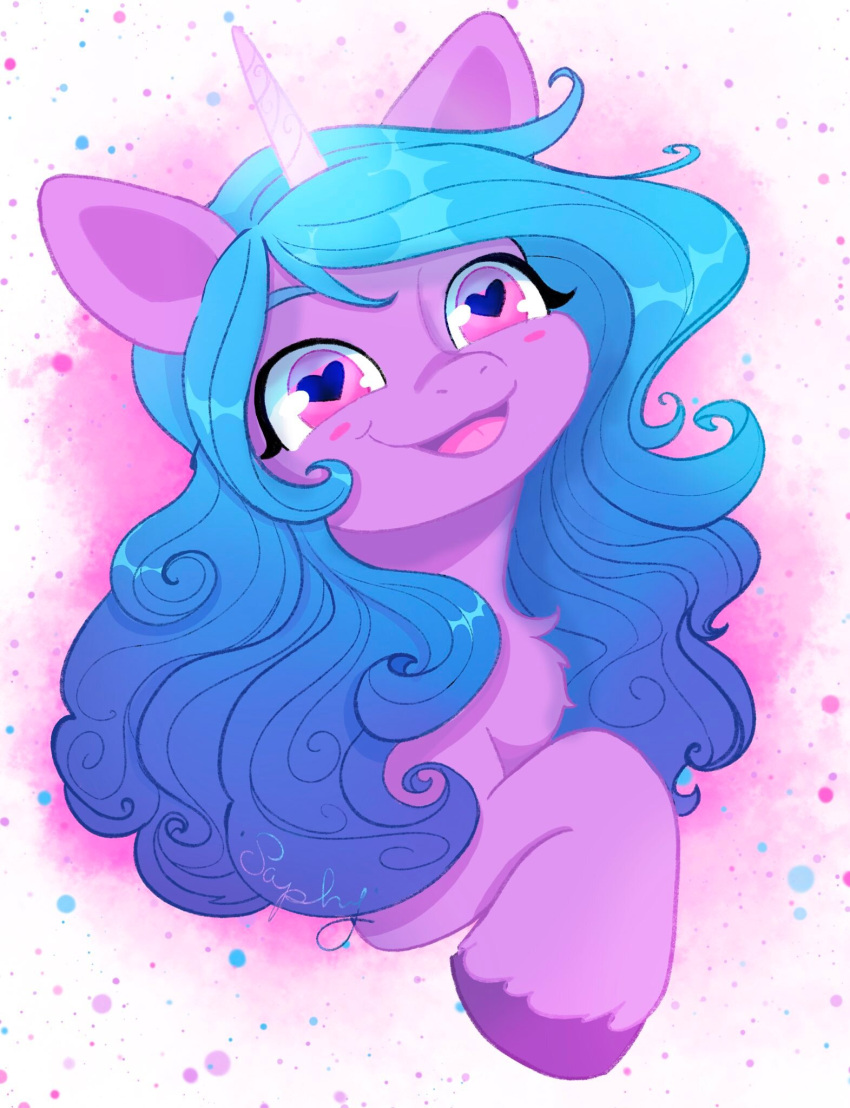 blue_hair equid equine eyelashes female feral glowing glowing_horn hair hasbro heart_eyes heart_symbol hi_res hooves horn izzy_moonbow_(mlp) long_hair mammal mlp_g5 my_little_pony mythological_creature mythological_equine mythology open_mouth open_smile pink_eyes purple_body saphypone smile solo tuft unicorn unicorn_horn