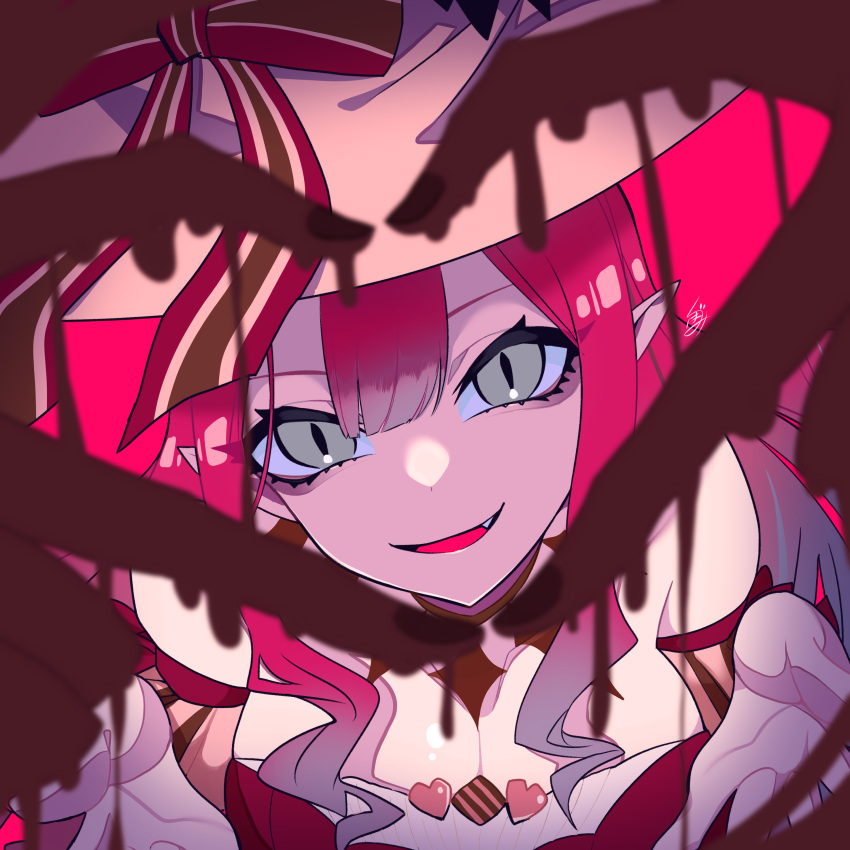 absurdres baobhan_sith_(fate) baobhan_sith_(valentine_witches)_(fate) chocolate close-up fate/grand_order fate_(series) female grey_eyes hat heart heart_hands highres kubomi_943 long_hair looking_at_viewer pink_background pink_hat pointy_ears red_hair simple_background slit_pupils smile solo upper_body valentine witch_hat