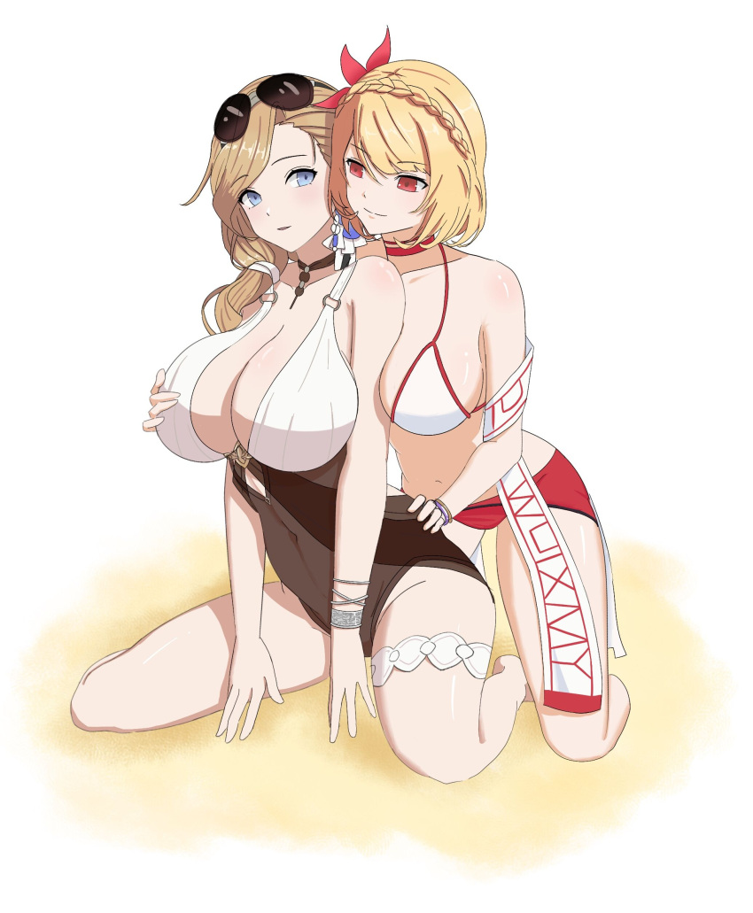 2girls absurdres arm_between_breasts azur_lane between_breasts bikini blonde_hair blue_eyes bracelet braid breasts casual_one-piece_swimsuit chinese_commentary choker cleavage commentary_request crown_braid eyewear_on_head flower grabbing grabbing_another's_breast grabbing_from_behind hair_flower hair_ornament highres hood_(azur_lane) hood_(lady_of_the_shining_sun)_(azur_lane) huge_breasts jewelry kneeling large_breasts mismatched_bikini multiple_girls official_alternate_costume one-piece_swimsuit prince_of_wales_(azur_lane) prince_of_wales_(sun_shining_upon_windsor)_(azur_lane) red_eyes red_sarong sarong stole sunglasses swimsuit thigh_strap xiaoli_(1507) yuri