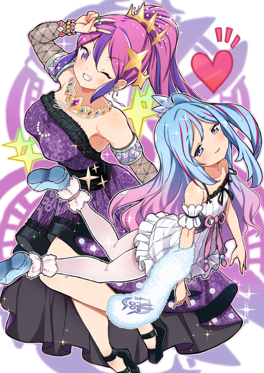 2girls absurdres bare_shoulders blue_eyes blue_hair blush bracelet breasts commentary_request detached_sleeves dress duel_monster earrings hair_ornament heart highres jewelry kounosu_satori large_breasts long_hair multiple_girls necklace one_eye_closed ponytail purple_eyes purple_hair rilliona_(yu-gi-oh!) ring side_ponytail small_breasts smug thighhighs witchcrafter_edel witchcrafter_madame_verre yu-gi-oh!