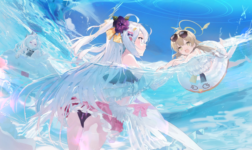 3girls ahoge aida_(chinhung0612) angel_wings ass azusa_(blue_archive) azusa_(swimsuit)_(blue_archive) barefoot bikini blonde_hair blue_archive blue_one-piece_swimsuit blue_sky commentary eyewear_on_head feathered_wings feet flower frilled_bikini frills grey_hair hair_flower hair_ornament hair_ribbon halo hifumi_(blue_archive) hifumi_(swimsuit)_(blue_archive) highres hina_(blue_archive) hina_(swimsuit)_(blue_archive) holding_hands innertube legs long_hair looking_at_another multiple_girls ocean on_innertube one-piece_swimsuit partially_submerged partially_underwater_shot pink_bikini purple_eyes ribbon school_swimsuit sky sunglasses swim_ring swimming swimsuit symbol-only_commentary very_long_hair water waves white_bikini white_wings wing_decorations wings yellow_eyes