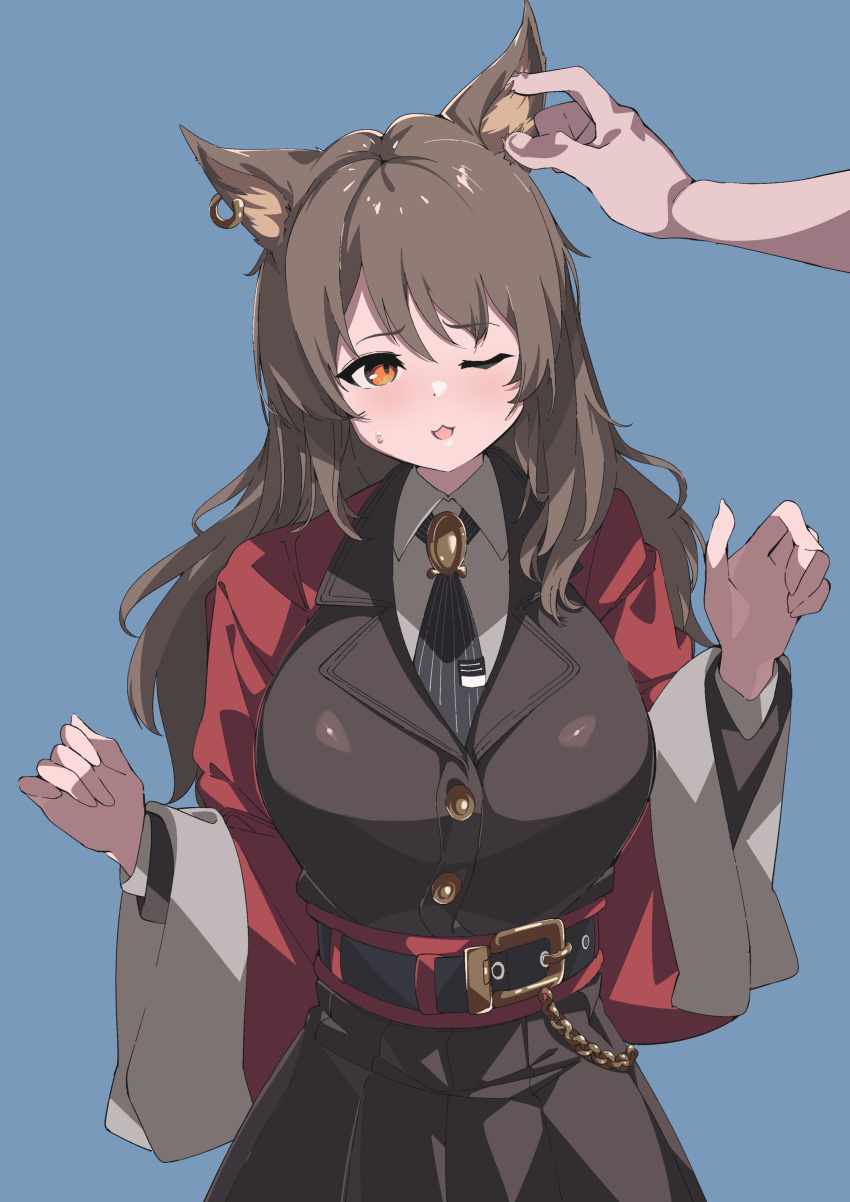 1other :3 absurdres animal_ear_fluff animal_ears arknights belt belt_buckle black_jacket black_necktie black_skirt blue_background blush brown_hair buckle cat_ears collared_shirt commentary cowboy_shot female hand_on_another's_ear highres jacket long_hair long_sleeves necktie one_eye_closed open_clothes open_jacket open_mouth orange_eyes red_jacket sajimaririri shirt simple_background skirt skyfire_(arknights) solo_focus striped_clothes vertical-striped_clothes vertical-striped_necktie w_arms white_shirt wide_sleeves