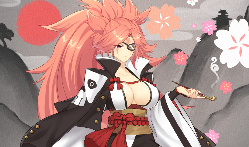 absurdres amputee baiken big_hair black_jacket black_kimono breasts cherry_blossoms cleavage cloud eyepatch facial_mark female flower guilty_gear guilty_gear_strive highres hill holding holding_smoking_pipe huge_breasts jacket jacket_on_shoulders japanese_clothes kimono looking_at_viewer multicolored_clothes multicolored_kimono one-eyed open_clothes open_kimono petals pink_hair ponytail red_eyes sakotach samurai sash scar scar_across_eye scar_on_face simple_background skull_print sky smoke smoking_pipe sun tied_hair upper_body weapon white_background white_kimono