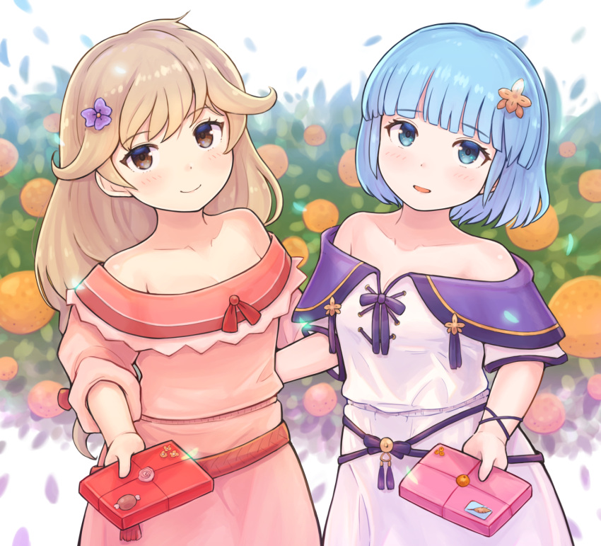 2girls alternate_costume alternate_hairstyle bare_shoulders blue_eyes blue_hair blush bow box box_of_chocolates breasts brown_eyes brown_hair chocolate cleavage collarbone faye_(fire_emblem) faye_(valentine)_(fire_emblem) fire_emblem fire_emblem_echoes:_shadows_of_valentia fire_emblem_heroes flower food fruit gift gift_box hair_flower hair_ornament highres holding holding_box holding_gift incoming_gift kutabireta_neko long_hair looking_at_viewer multiple_girls off_shoulder official_alternate_costume open_mouth orange_(fruit) plant ribbon short_hair short_sleeves silque_(fire_emblem) silque_(valentine)_(fire_emblem) smile valentine